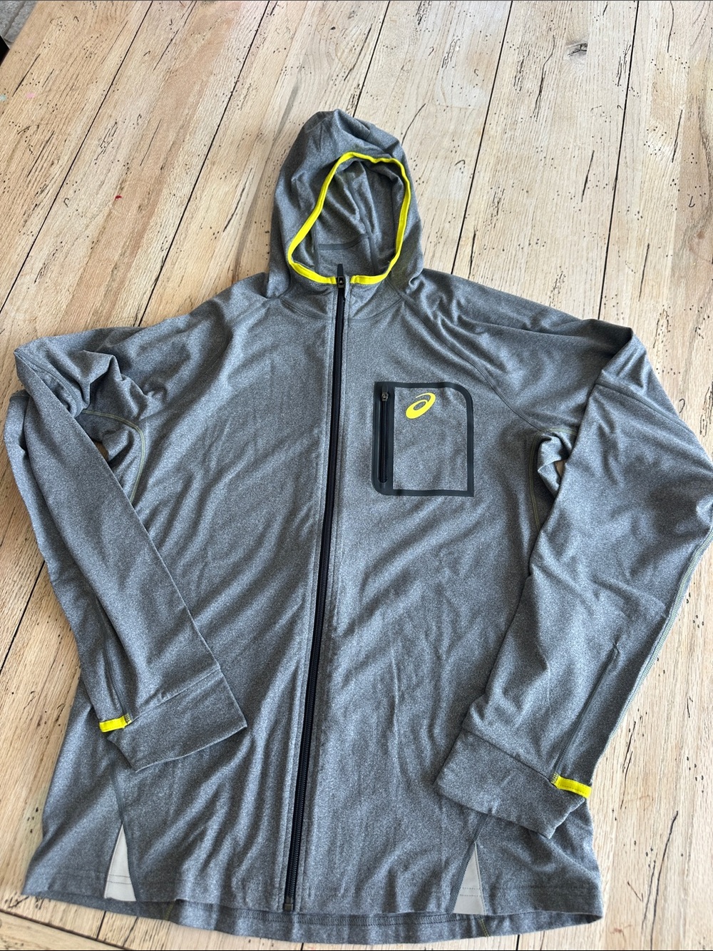 ASICS Gray Hooded Full-Zip Jacket with Yellow Accents